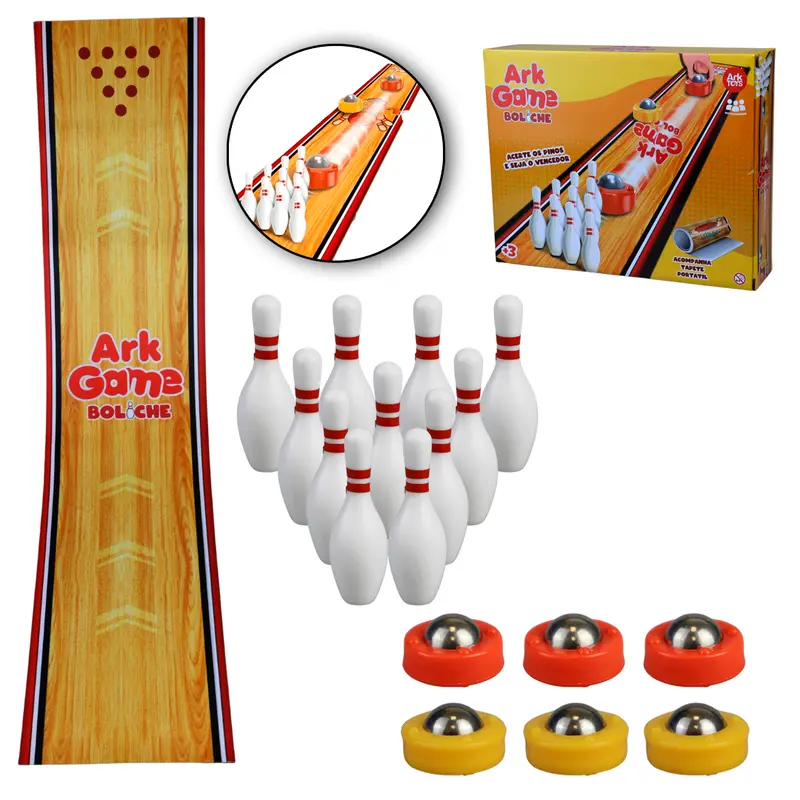 JOGO BOLICHE COM TAPETE PORTATIL 90X20CM + 10 PINOS + 6 ESFERA DE INOX ARK GAME