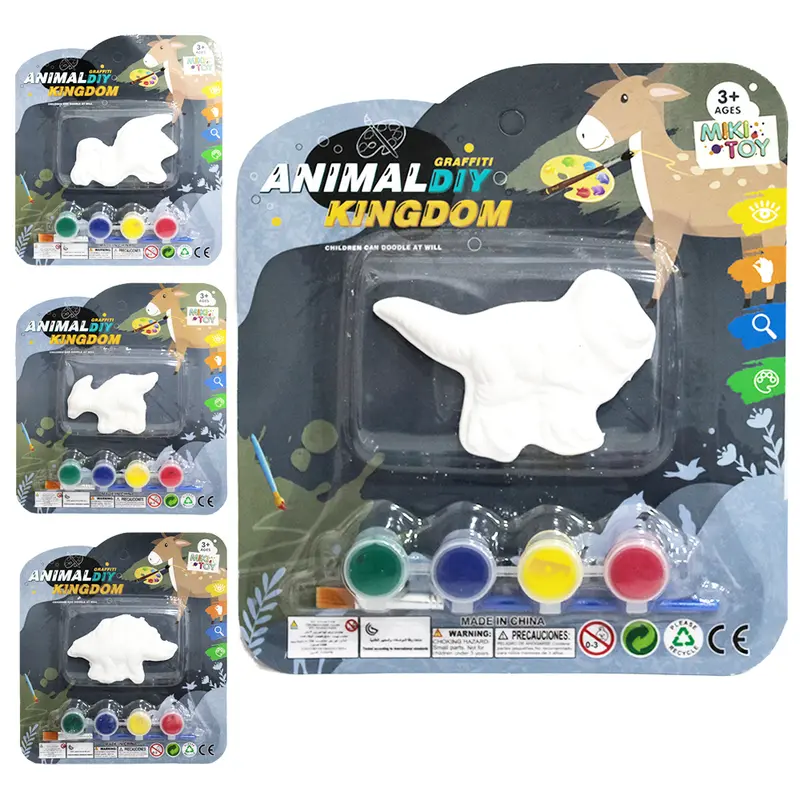 DINOSSAURO DE GESSO PARA PINTURA COM 4 TINTAS + PINCEL GRAFFITI ANIMAL DIY KINGDOM