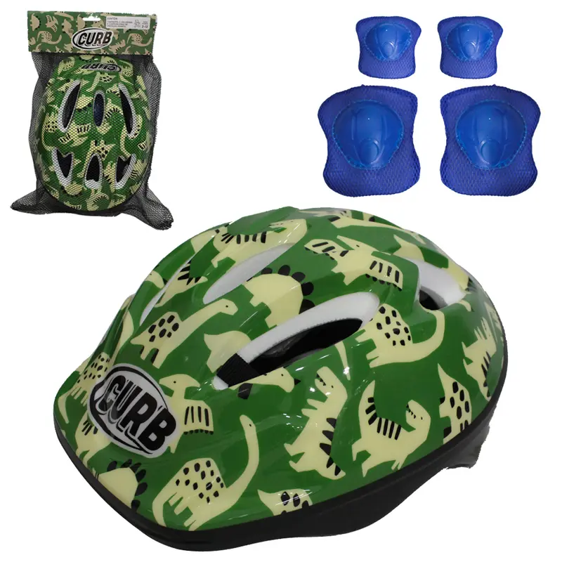 KIT PROTECAO INFANTIL DINOSSAURO VERDE COM CAPACETE + 2 COTOVELEIRAS + JOELHEIRAS