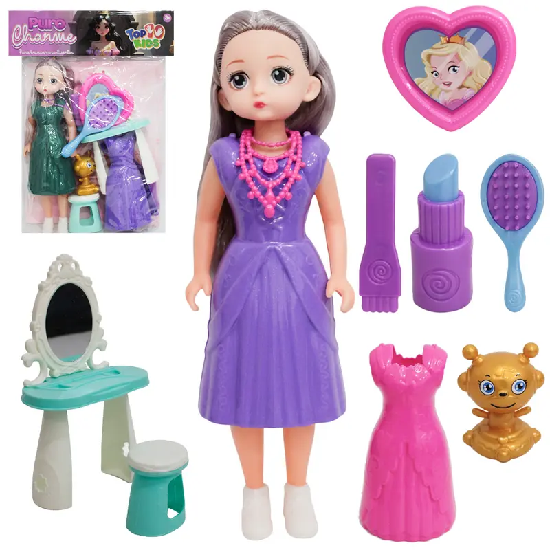 BONECA PURO CHARME TROCA ROUPA DE PLASTICO COM PENTEADEIRA + ESCOVA E ACESSORIOS TOP KIDS 8 PECAS