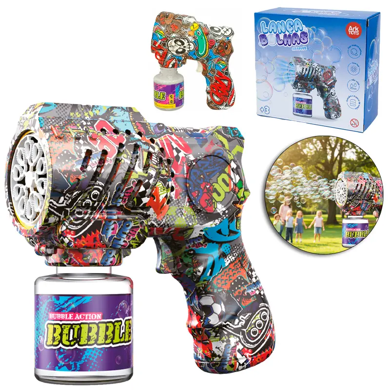 LANCA BOLHA DE SABAO PISTOLA GRAFITADO COM LUZ A PILHA