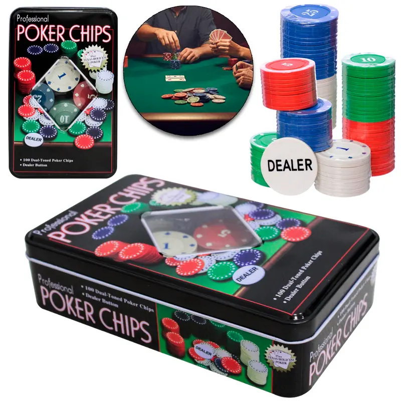 FICHA DE POKER COM 100 FICHAS + DEALER POKER CHIPS NA LATA