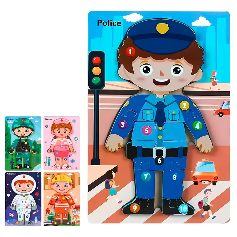 TABULEIRO DIDATICO EDUCATIVO QUEBRA CABECA DE ENCAIXE PROFISSOES DE MADEIRA 11 PECAS 22,5X15CM