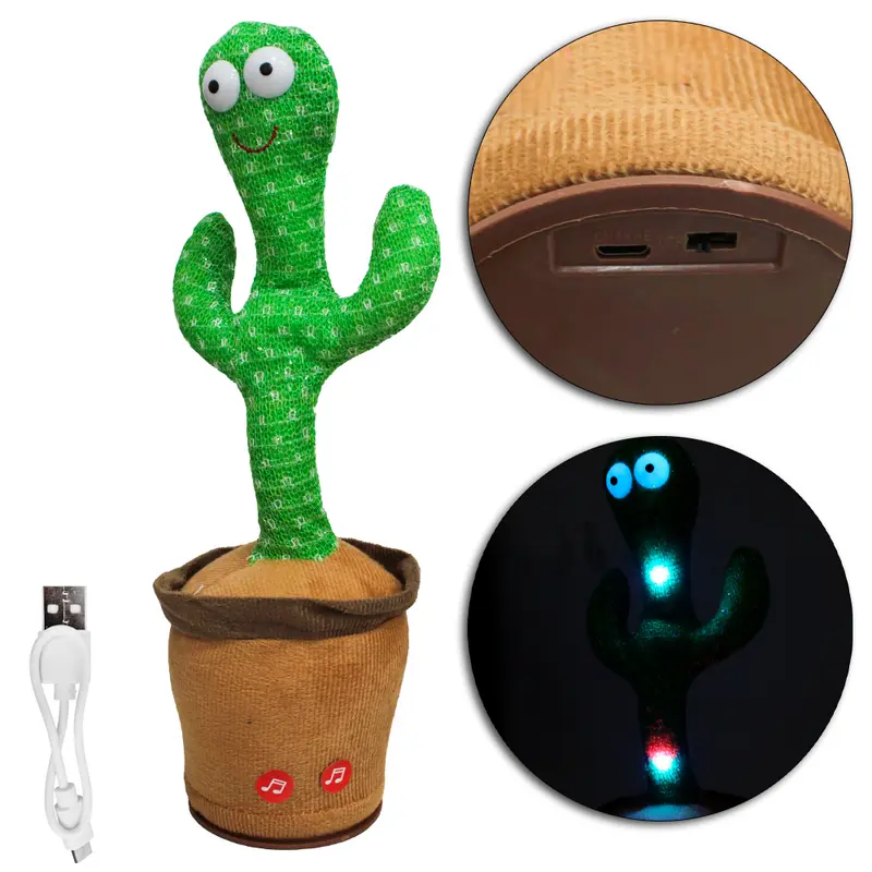 CACTO DE PELUCIA DANCARINO GRAVA E REPETE RECARREGAVEL USB COM LUZ TOP KIDS 32X8,5CM DE Ø