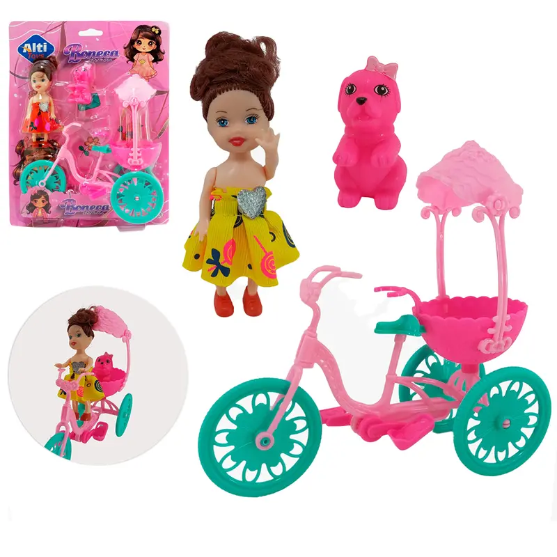BONECA CHARMOSA COM TRICICLO + BICHINHO