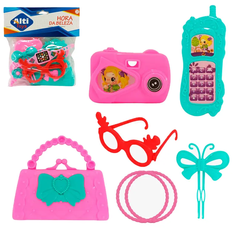 KIT BELEZA INFANTIL COM BOLSA + OCULOS E ACESSORIOS HORA DA BELEZA 7 PECAS