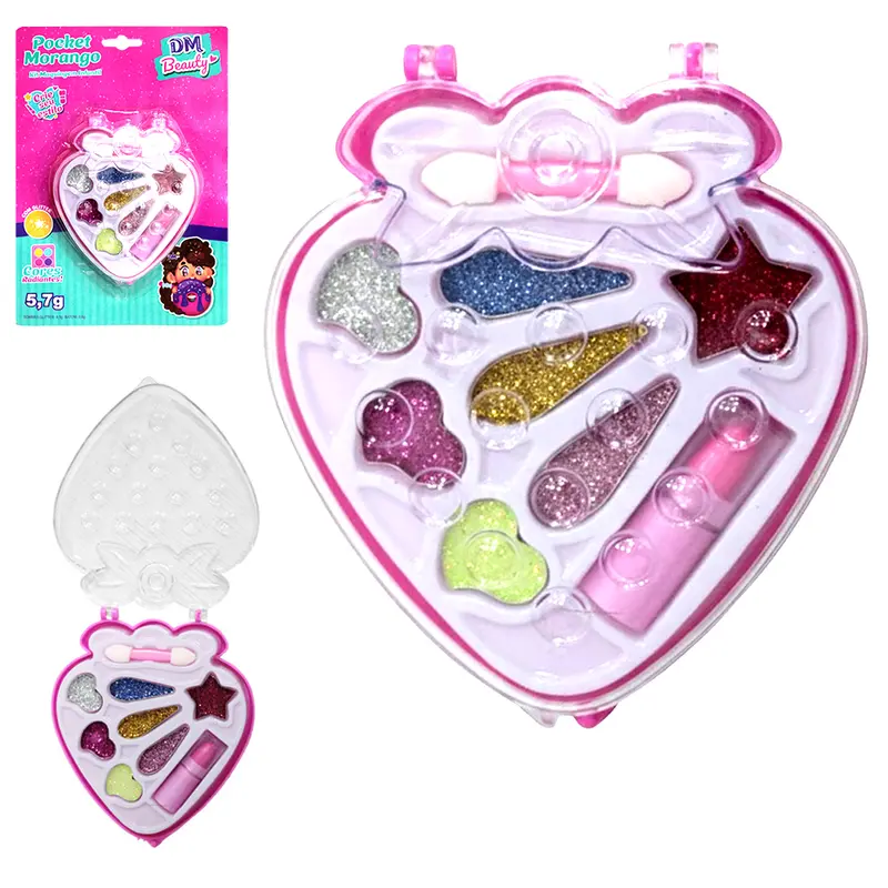ESTOJO DE MAQUIAGEM C/SOMBRA GLITTER + BATOM E PINCEL POCKET MORANGO DM BEAUTY