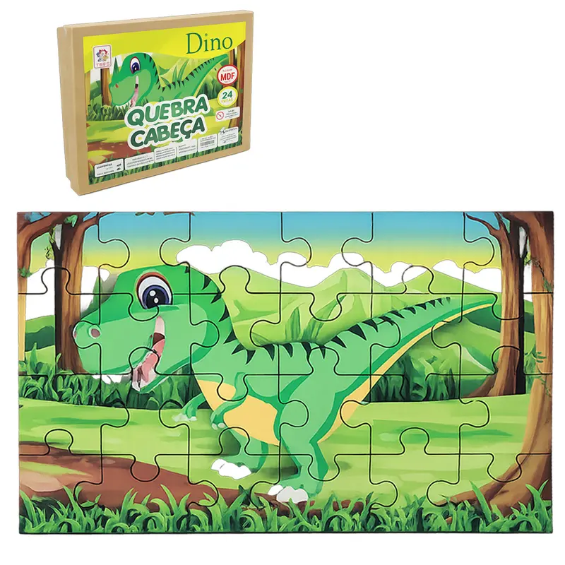 QUEBRA CABECA DE MADEIRA MDF DINO COM 24 PECAS NO ESTOJO