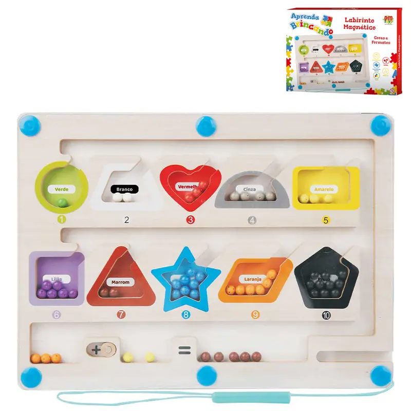 JOGO LABIRINTO MAGNETICO DE MADEIRA E PLASTICO CORES E FORMATOS COM CANETA APRENDA BRINCANDO