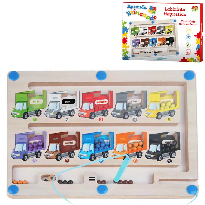 JOGO LABIRINTO MAGNETICO DE MADEIRA E PLASTICO CAMINHAO CORES E SOMA COM CANETA APRENDA BRINCANDO