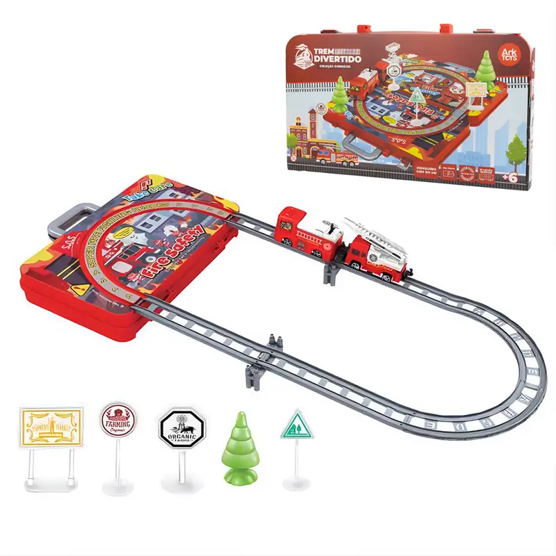 TREM LOCOMOTIVA CAMINHAO BOMBEIRO 2 EM 1 COM TRILHO + ACESSORIOS A PILHA 22 PECAS NA MALETA