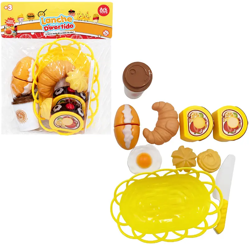 KIT COZINHA INFANTIL COM CESTA + FACA E ACESSORIOS COM VELCRO LANCHE DIVERTIDO 10 PECAS