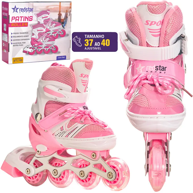 PATINS FEMININO ROLLER AJUSTAVEL COM FREIO + LUZ TAMANHO 37-40