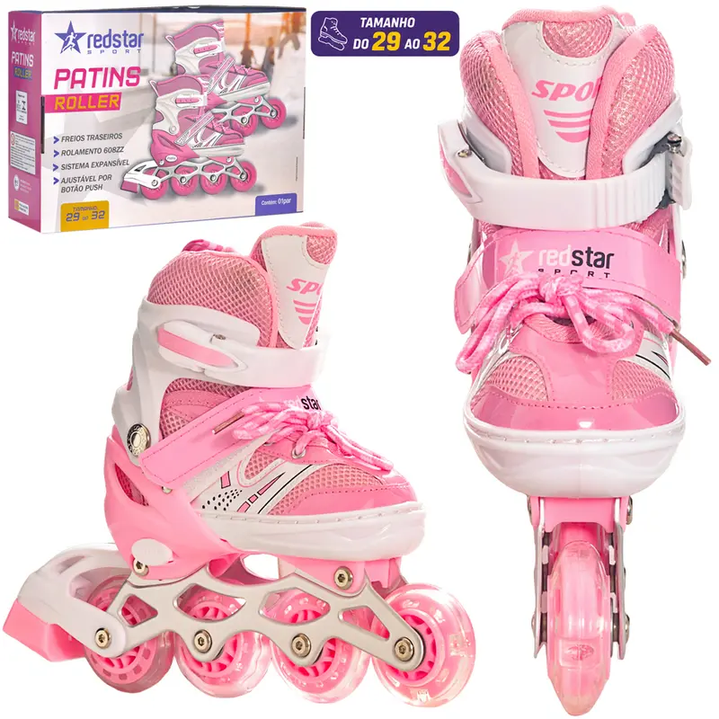 PATINS FEMININO ROLLER AJUSTAVEL COM FREIO + LUZ TAMANHO 29-32