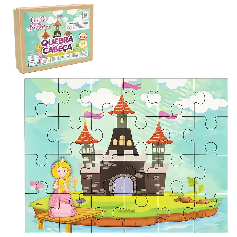 QUEBRA CABECA DE MADEIRA MDF CASTELO DA PRINCESA COM 24 PECAS NO ESTOJO