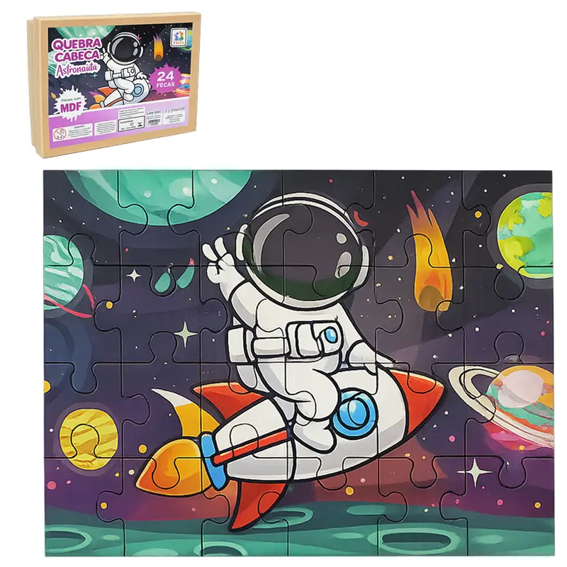 QUEBRA CABECA DE MADEIRA MDF ASTRONAUTA COM 24 PECAS NO ESTOJO