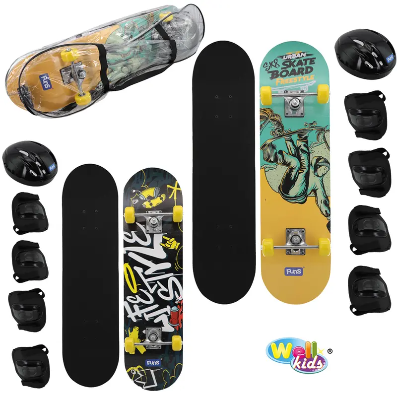 KIT SKATE COM SHAPE DE MADEIRA LIXA + TRUCK DE ALUMINIO E RODA DE PVC STREME FUNS 77,5X19,5CM