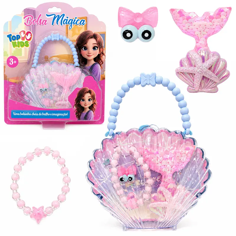 KIT BELEZA / BIJUTERIA INFANTIL PULSEIRA + ANEL E ACESSORO PARA CABELO PRESILHA NA BOLSA CONCHA TOP KIDS