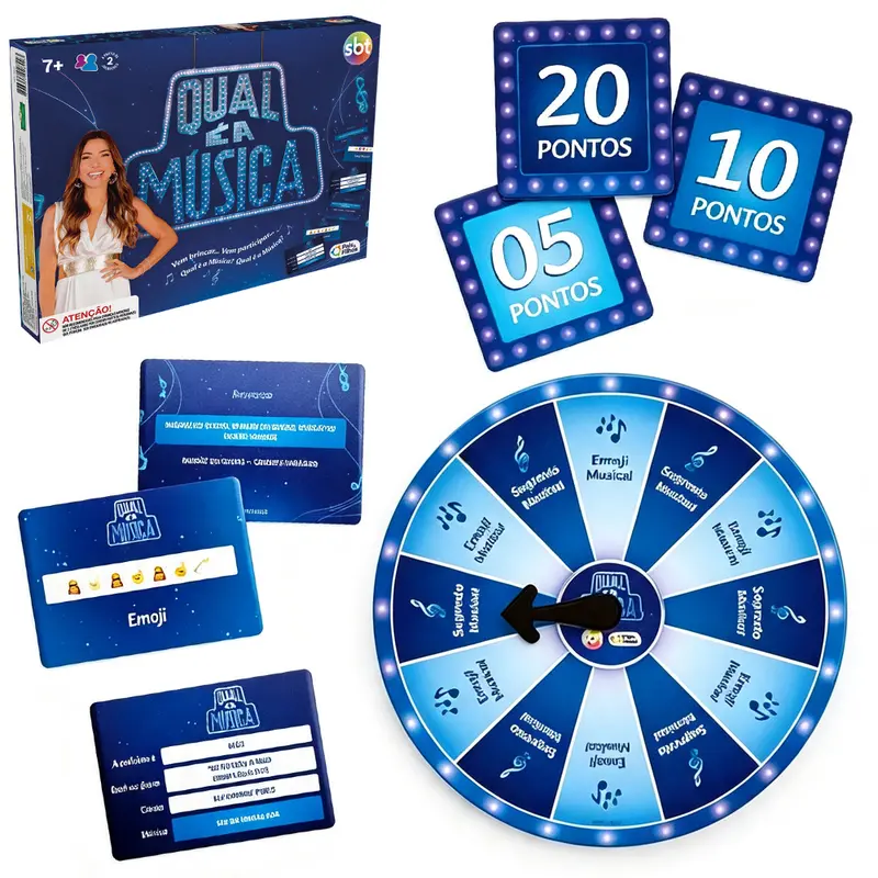 JOGO QUAL E A MUSICA SBT COM 224 CARTAS + 36 FICHAS DE PONTOS + ROLETA E AMPULHETA