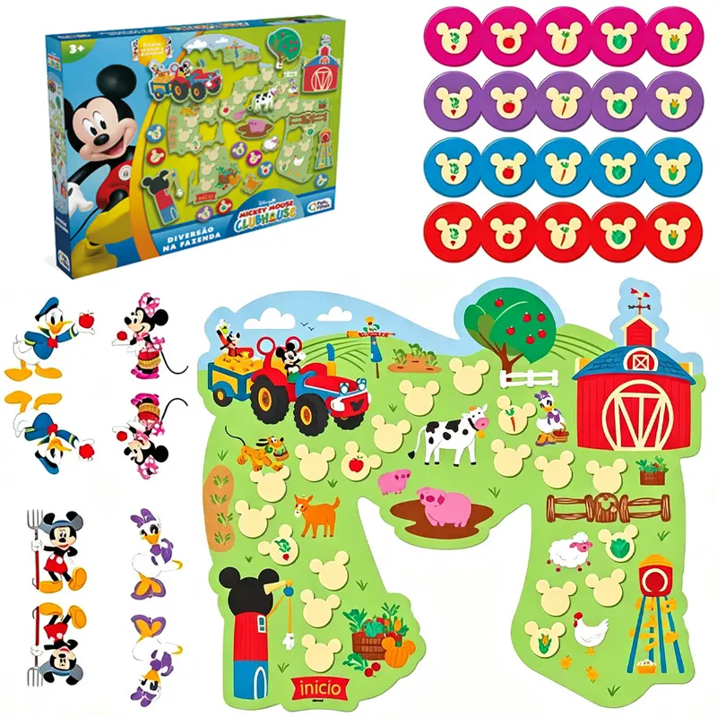 JOGO DIVERSAO NA FAZENDA MICKEY MOUSE CLUBHOUSE DISNEY JR COM TABULEIRO 16 PECAS + 20 FICHAS + 5 ACESSORIOS
