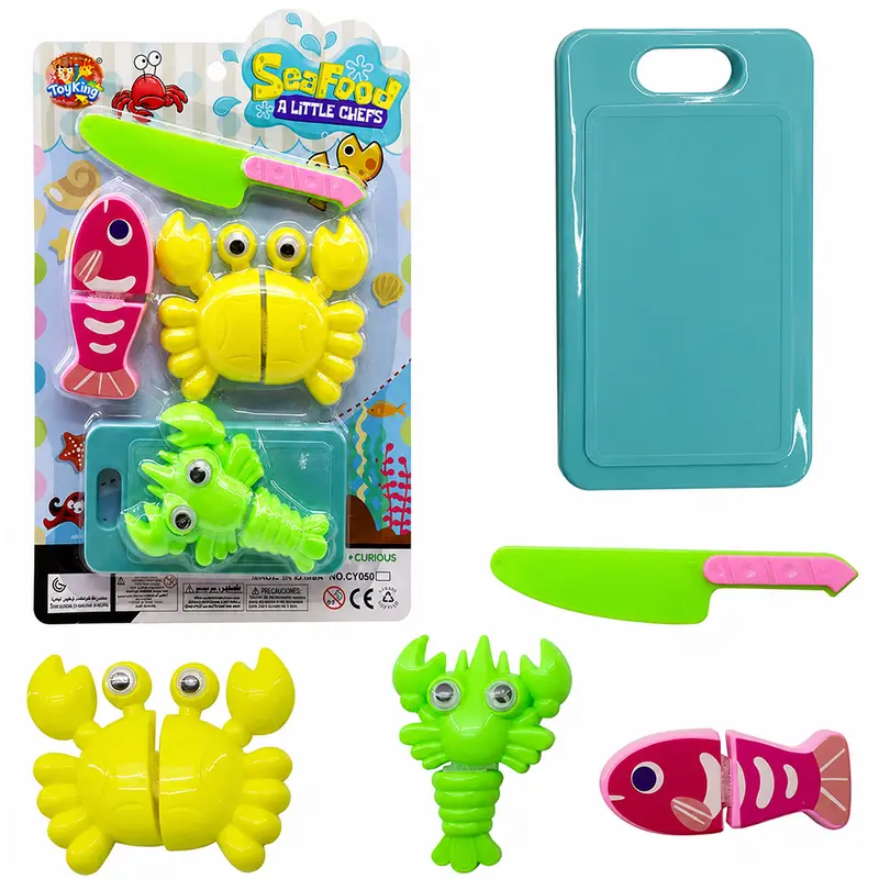 KIT COZINHA INFANTIL COM TABUA + FACA E ACESSORIOS COM VELCRO SEA FOOD 5 PECAS