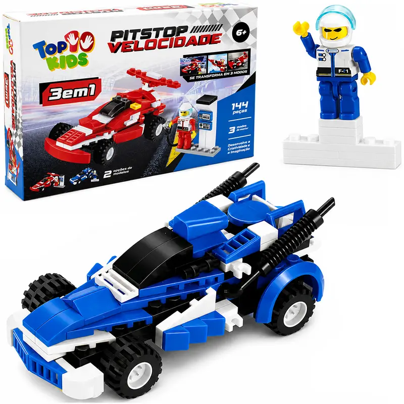 BLOCOS MONTAR PIT STOP VELOCIDADE 3 EM 1 TOP KIDS COM 144 PECAS TLEG