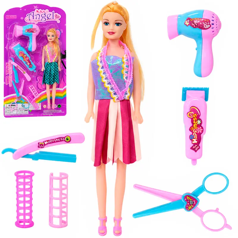 BONECA ANGEL COM SECADOR + TESOURA E ACESSORIOS 7 PECAS