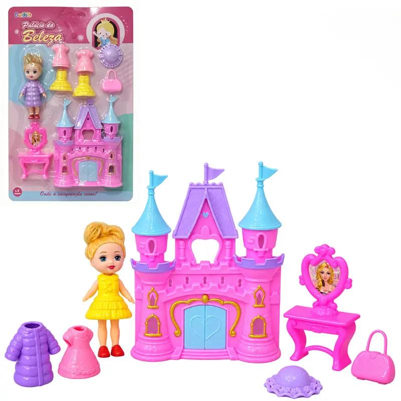 CASA / CASINHA CASTELO COM BONECA TROCA ROUPA DE PLASTICO + ACESSORIOS PALACIO DA BELEZA 9 PECAS