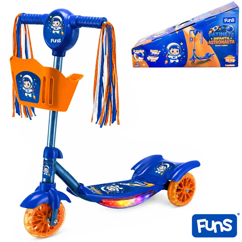 PATINETE ASTRONAUTA FUNS COM 3 RODAS E CESTINHA + SOM E LUZ A PILHA 62X60X19CM