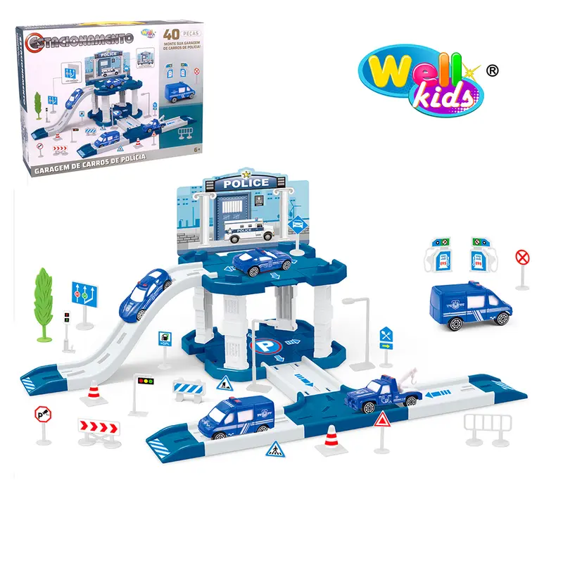 MONTA MONTA GARAGEM / PISTA ESTACIONAMENTO DE POLICIA COM CARRO + ACESSORIOS 40 PECAS WELLKIDS