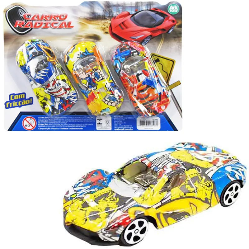 CARRO GRAFITADO A FRICCAO PULL BACK RADICAL COM 3 PECAS NA CARTELA