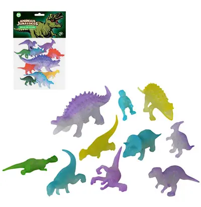 KIT ANIMAL DINOSSAURO DE PVC JURASSICOS PEQUENO BRILHA NO ESCURO COM 10 PECAS