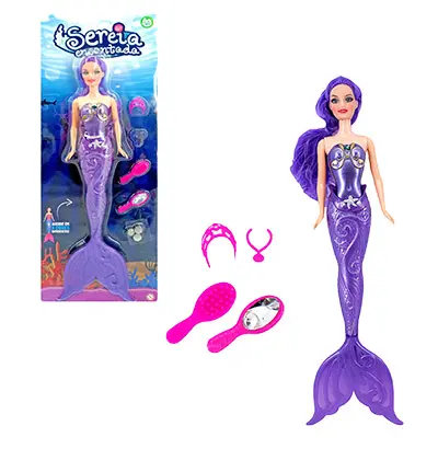 BONECA SEREIA ENCANTADA COM ESCOVA + ACESSORIOS E LUZ A BATERIA 4 PECAS NA CARTELA