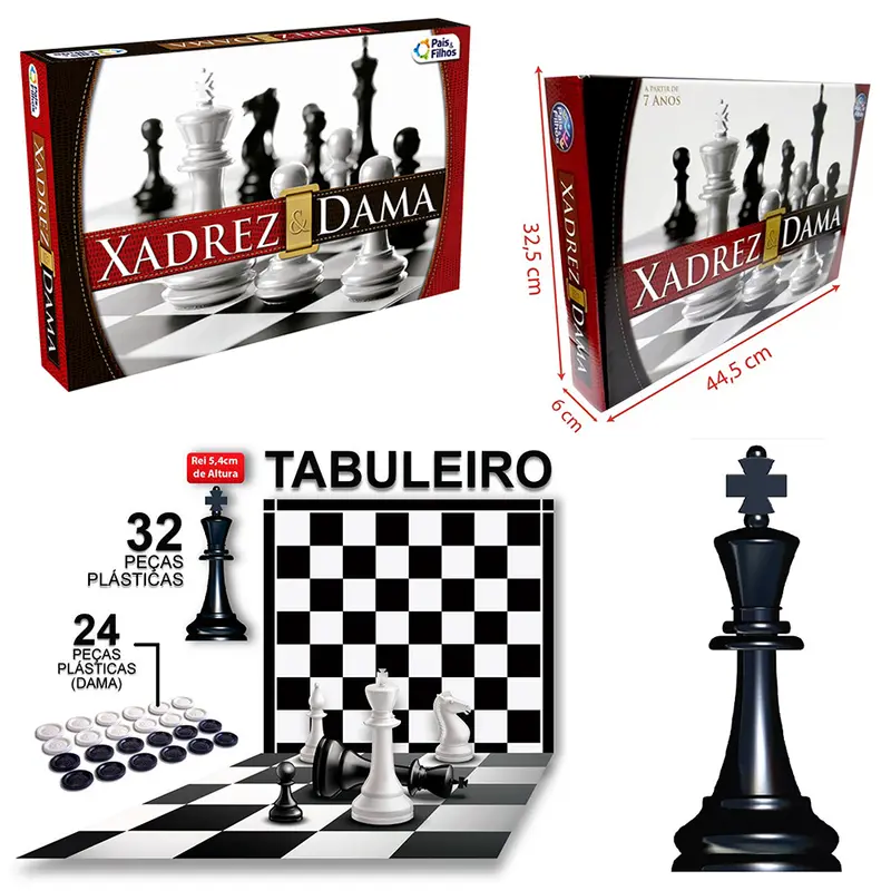 JOGO 2 EM 1 XADREZ COM 32 PECAS + DAMA 24 PECAS E TABULEIRO DUPLA FACE