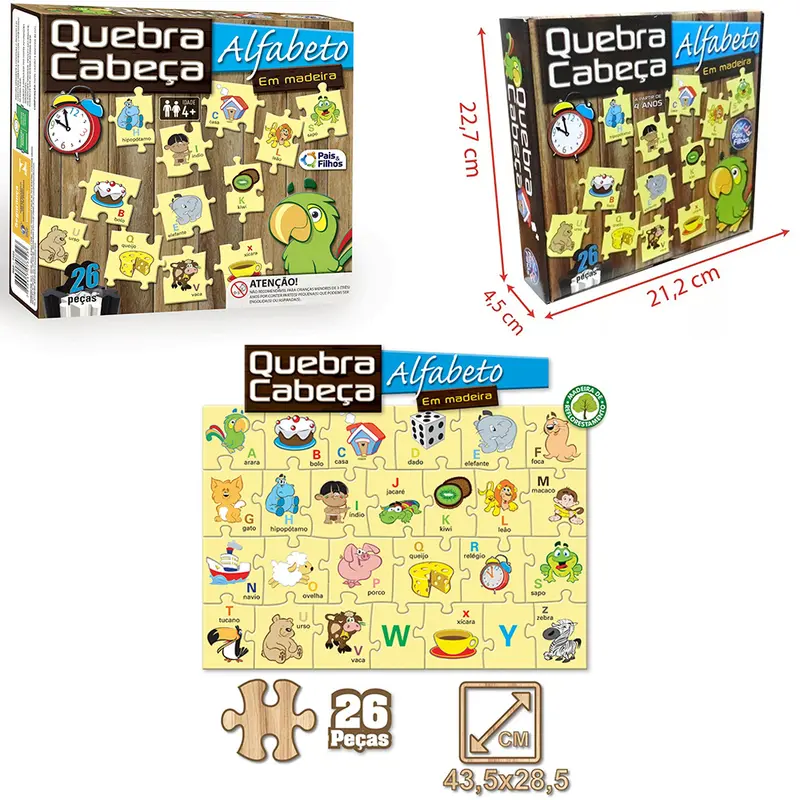 QUEBRA CABECA DE MADEIRA ALFABETO COM 26 PECAS