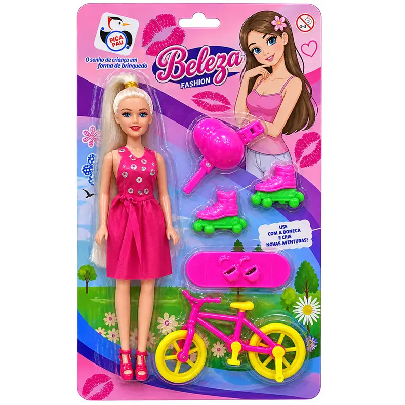 BONECA TINA PARQUE COM BICICLETA + SKATE + PATINS E CAPACETE 6 PECAS