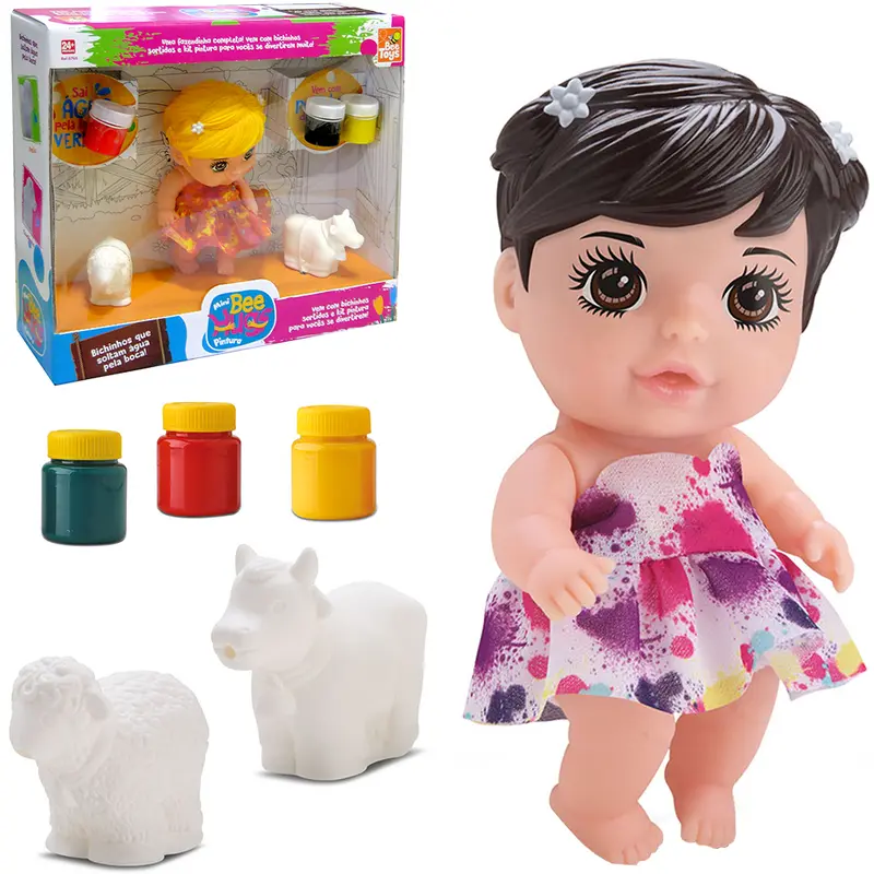 BONECA MINI BEE HUGS PINTURA COM 3 TINTAS 25GR + 2 BICHINHOS SOLTA AGUA NA CAIXA