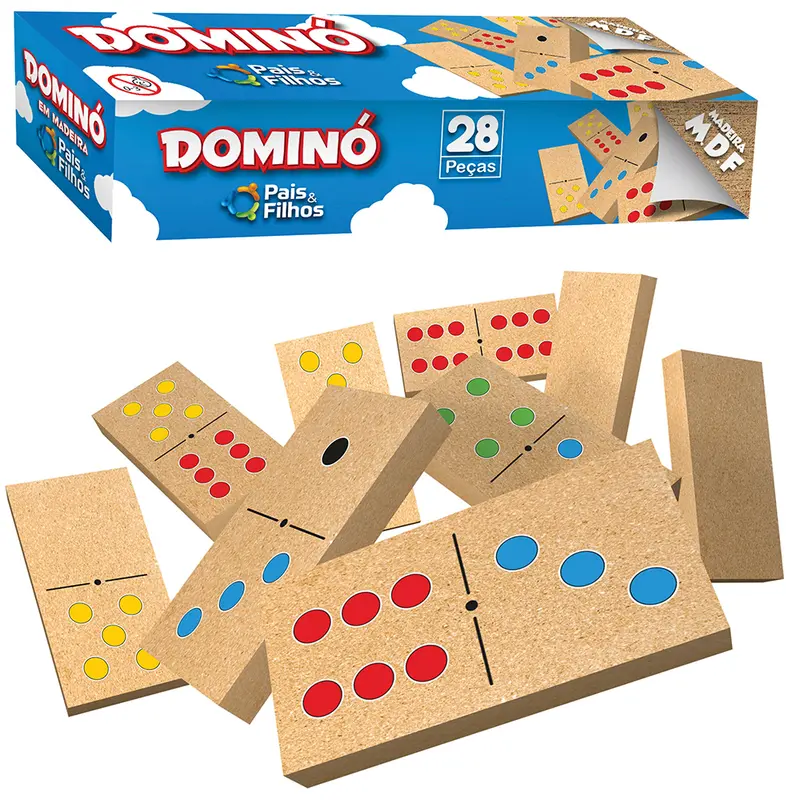 DOMINO DE MADEIRA MDF 50X25X10MM COM PONTO COLORIDO NA CAIXA