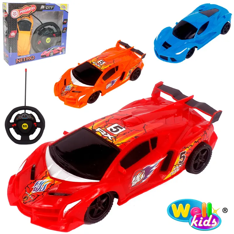 CARRO COM CONTROLE REMOTO SEM FIO VOLANTE NITRO CITY COLORS 7 FUNCOES NA CAIXA WELLKIDS