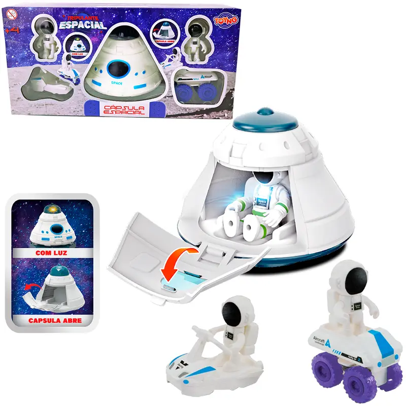 DISCO VOADOR OVNI ESPACIAL COM 2 BONECOS ASTRONAUTA + CARRO E MOTO LUNAR LUZ A BATERIA