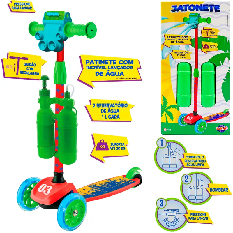 PATINETE JATONETE COM 3 RODAS + LANCADOR DE AGUA DUPLO 2L 70X52X22CM