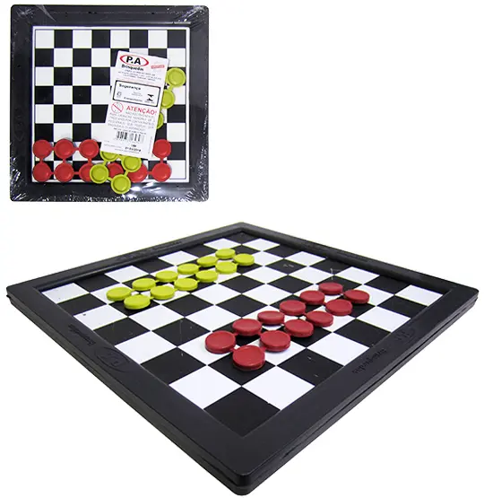 JOGO DE DAMA E TRILHA DE MADEIRA / PLASTICO 32X32CM