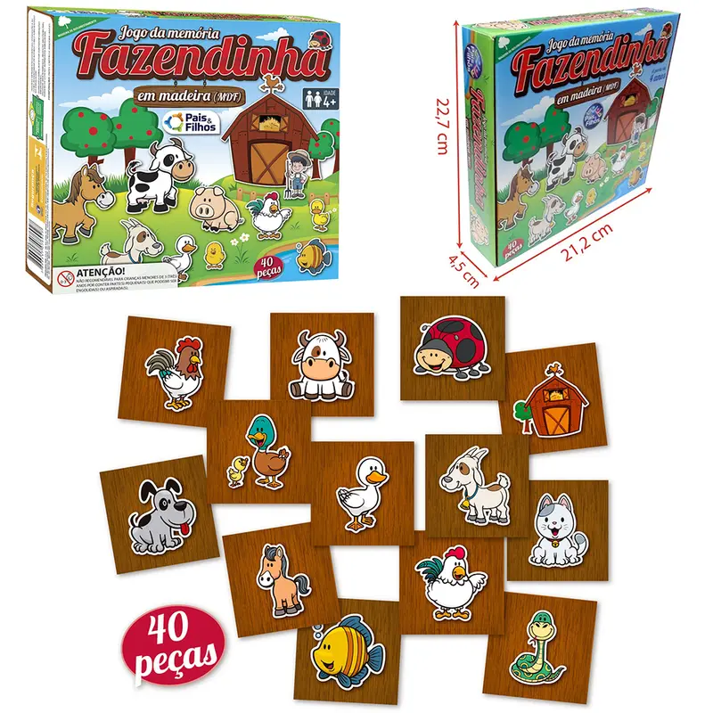 JOGO DA MEMORIA DE MADEIRA FAZENDINHA COM 40 PECAS NA CAIXA