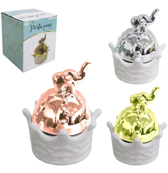 PORTA JOIAS ELEFANTE DE PORCELANA REDONDO METALIZADO 9,8X6,5CM DE Ø
