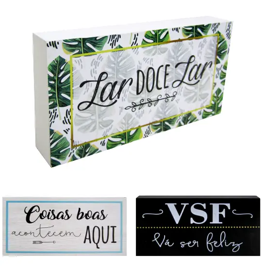 ENFEITE FRASES SORTIDAS DE MADEIRA MDF 20X10X3CM