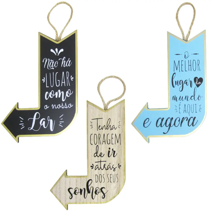 ENFEITE SETA DE MADEIRA MDF FRASES SORTIDAS PARA PENDURAR 21,5X16CM
