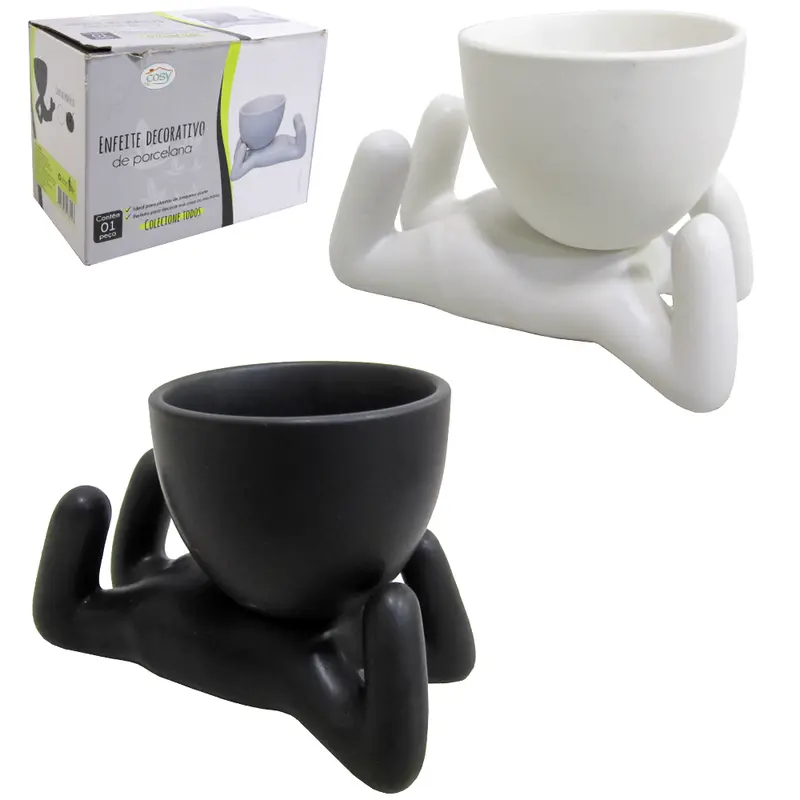VASO DECORATIVO ROBERT PLANT DEITADO DE PORCELANA PRETO/BRANCO 12X8CM