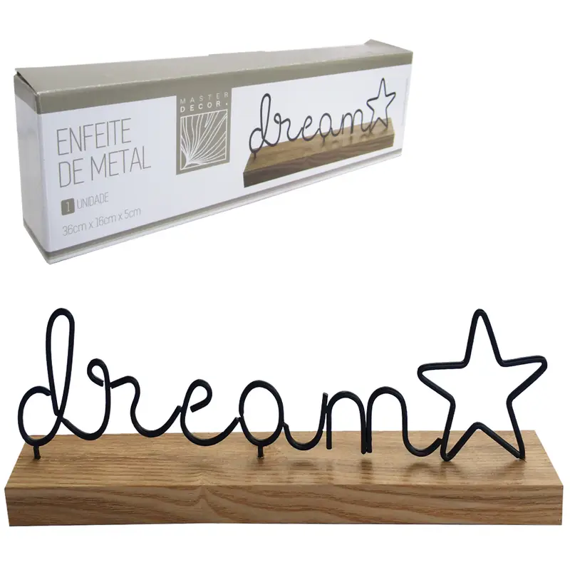 ENFEITE PALAVRA DREAM DE METAL PRETO COM BASE MADEIRA 36X10X5CM