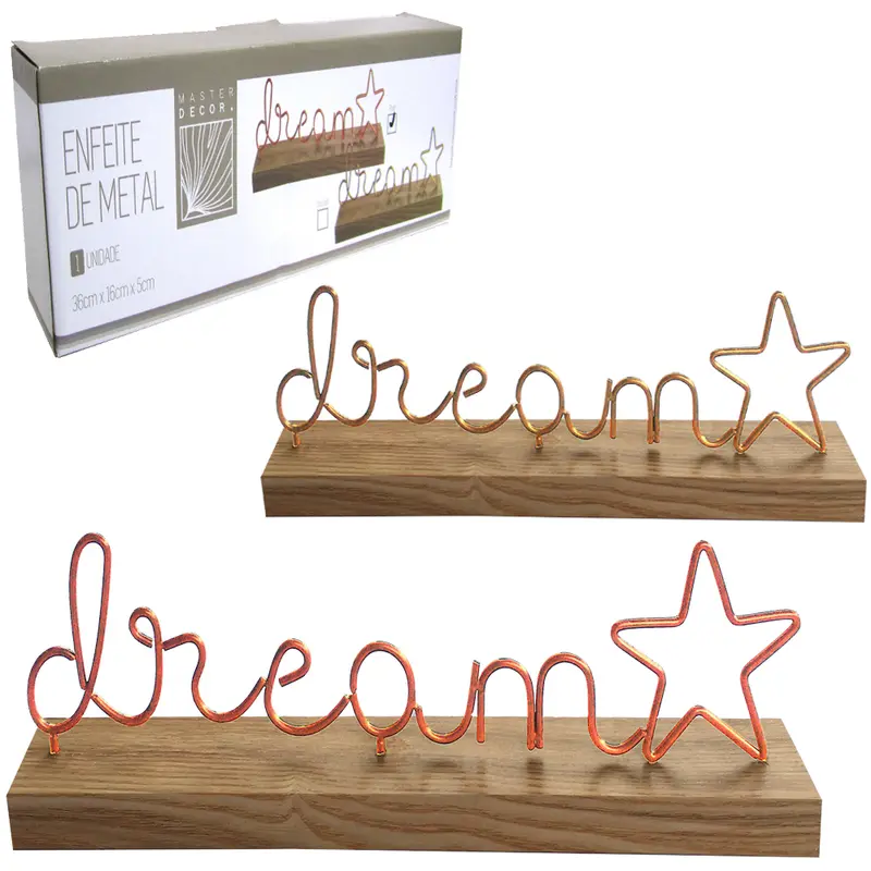 ENFEITE PALAVRA DREAM DE METAL METALIZADO COM BASE MADEIRA 36X10X5CM