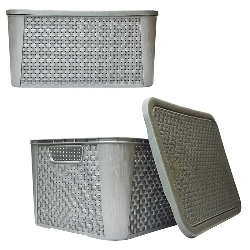 CESTO CAIXA ORGANIZADOR DE PLASTICO RETANGULAR RATTAN COM TAMPA + ALCA CINZA / PRATA Nº2 32X22,5X15CM